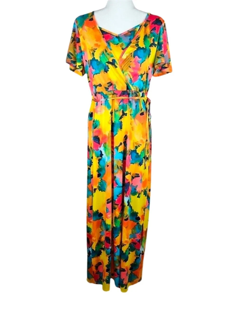 Colorful Sundress Dopamine Bright Belted Multi Yellow Blue Pink Maxi Dress, M